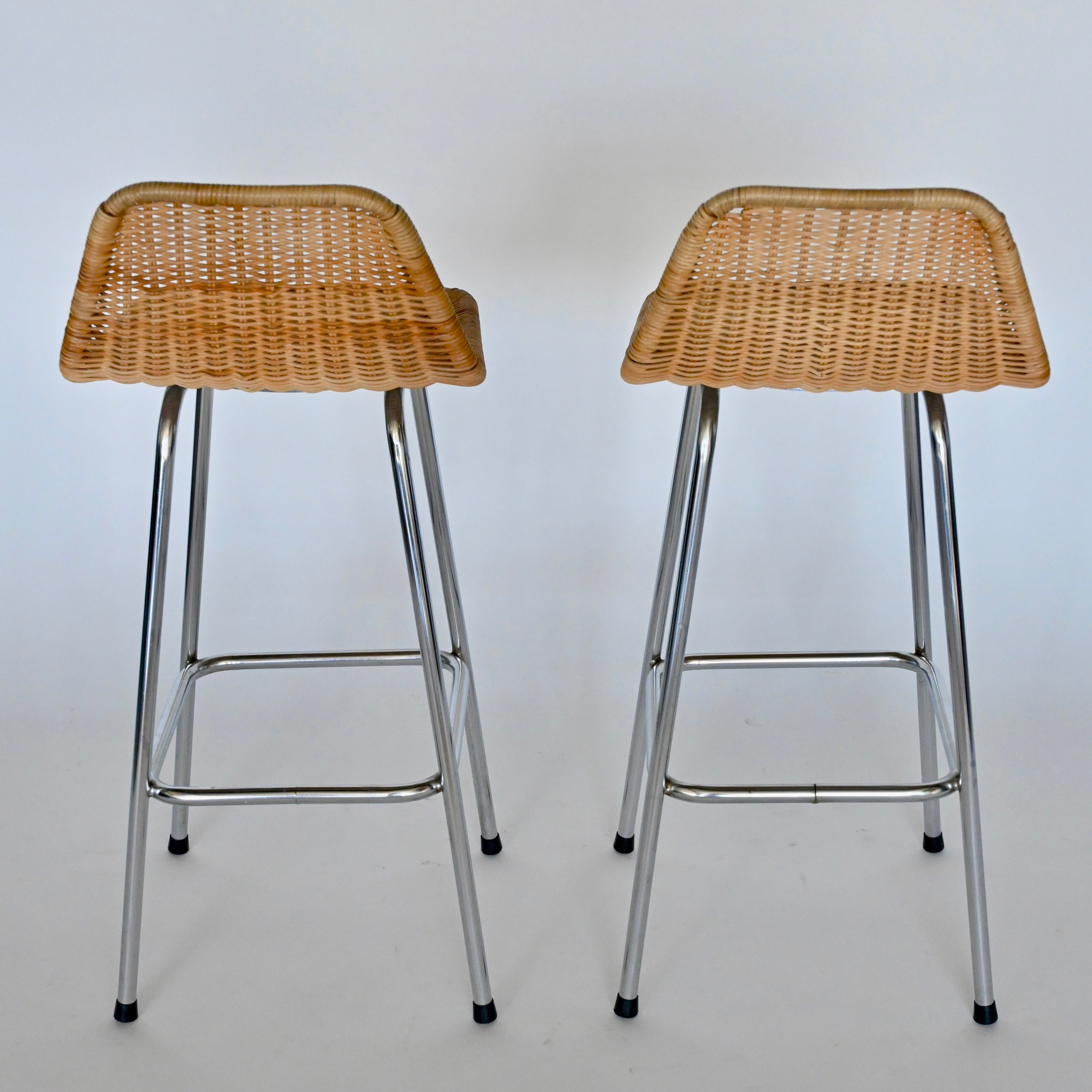 PAIR OF RATTAN AND CHROME COUNTER STOOLS BY DIRK VAN SLIEDRECHT