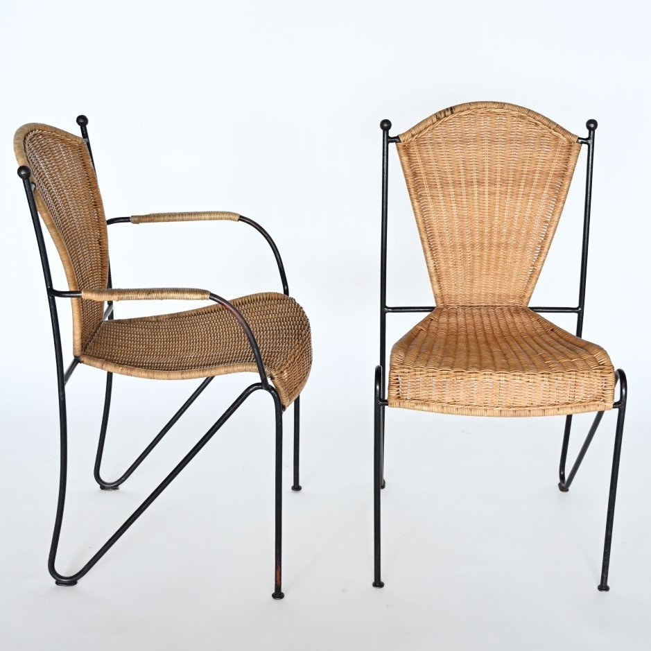 SET OF SIX FREDERIC WEINBERG WICKER AND WROUGHT IRON CHAIRS