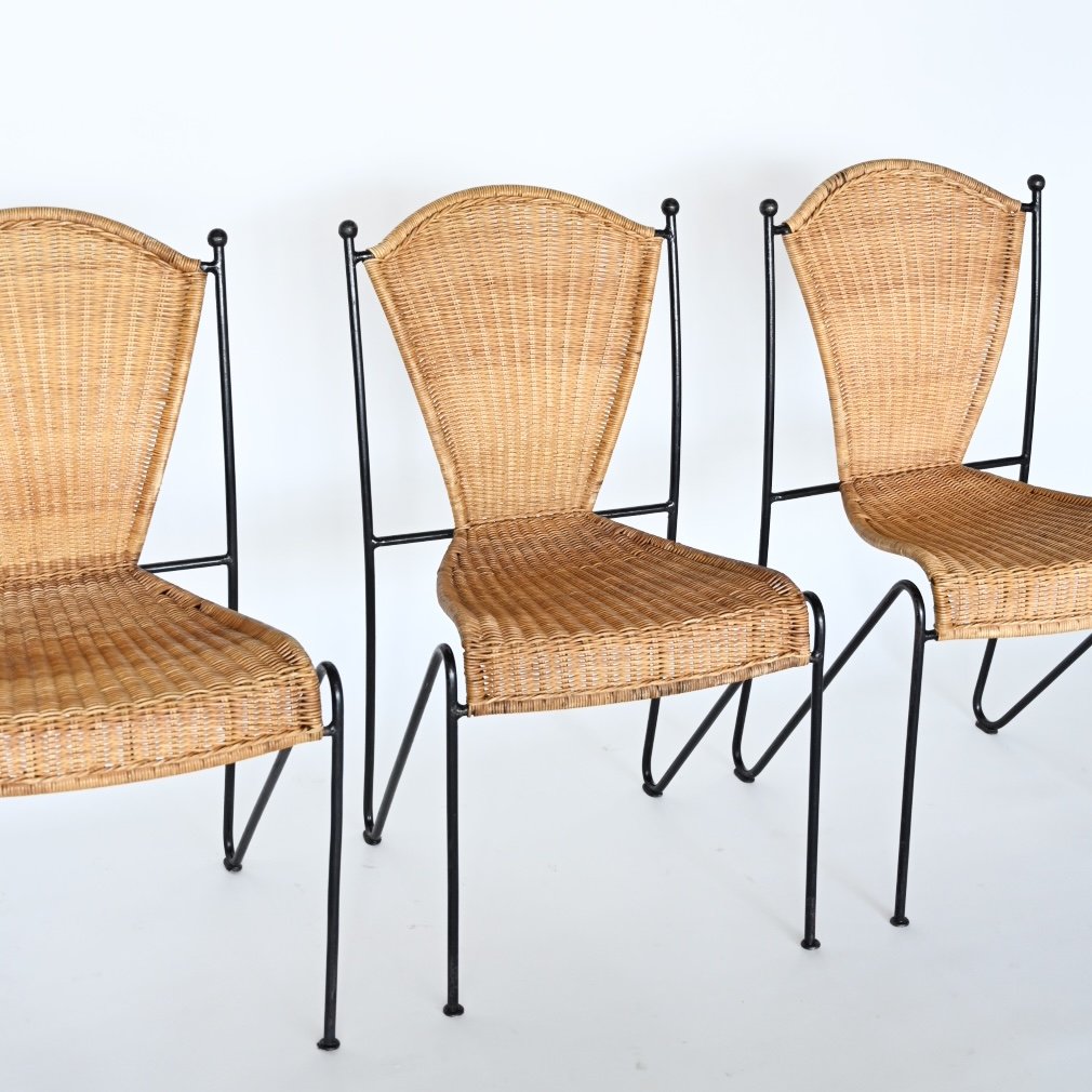 SET OF SIX FREDERIC WEINBERG WICKER AND WROUGHT IRON CHAIRS
