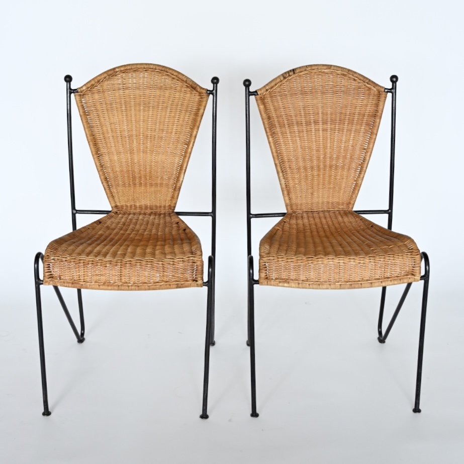 SET OF SIX FREDERIC WEINBERG WICKER AND WROUGHT IRON CHAIRS
