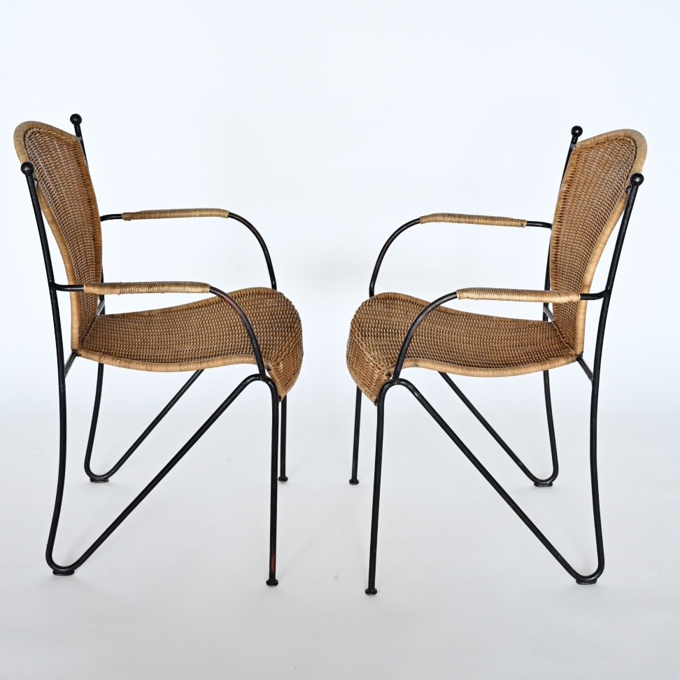 SET OF SIX FREDERIC WEINBERG WICKER AND WROUGHT IRON CHAIRS