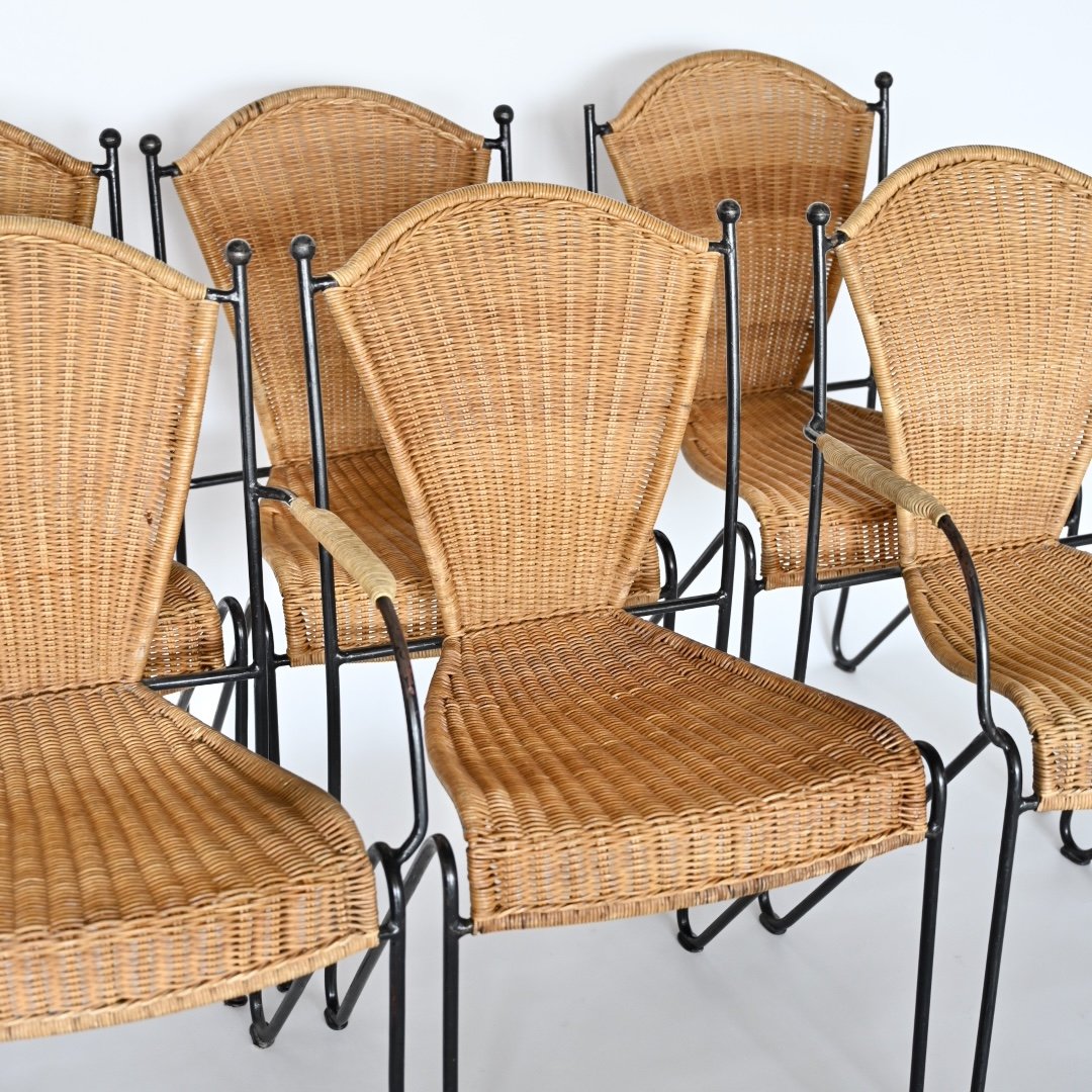 SET OF SIX FREDERIC WEINBERG WICKER AND WROUGHT IRON CHAIRS