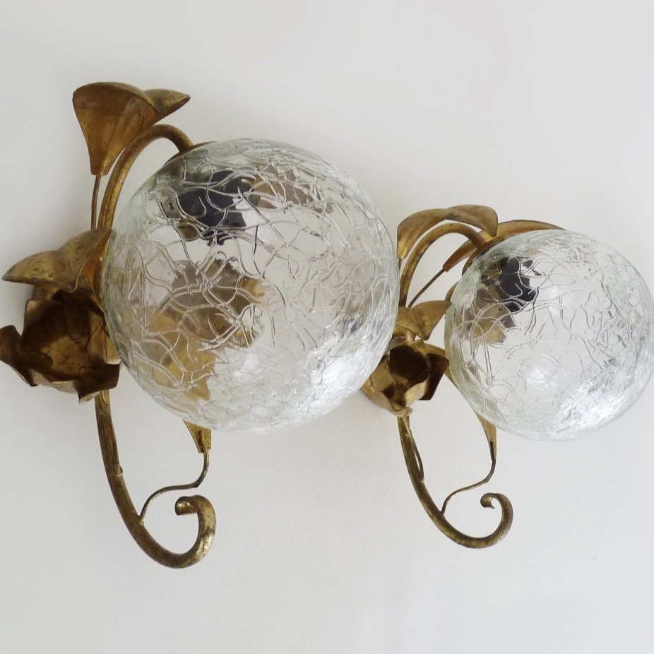 ITALIAN GILT METAL AND GLASS GLOBE SCONCES