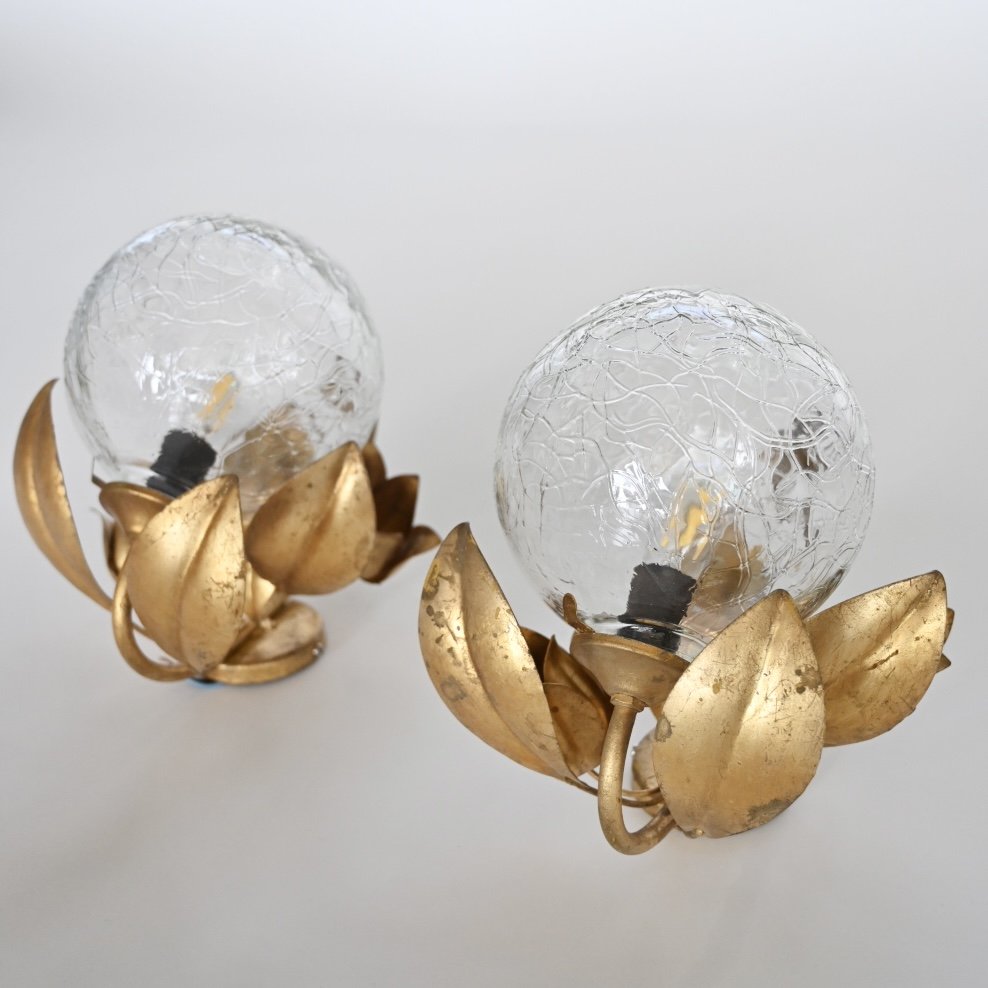 ITALIAN GILT METAL AND GLASS GLOBE SCONCES