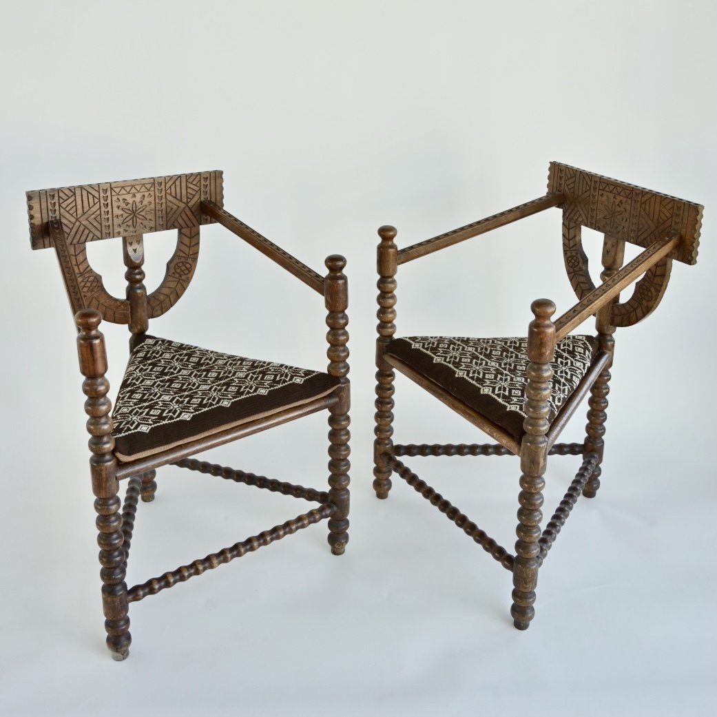 PAIR OF CARVED NORDIC MONK CHAIRS