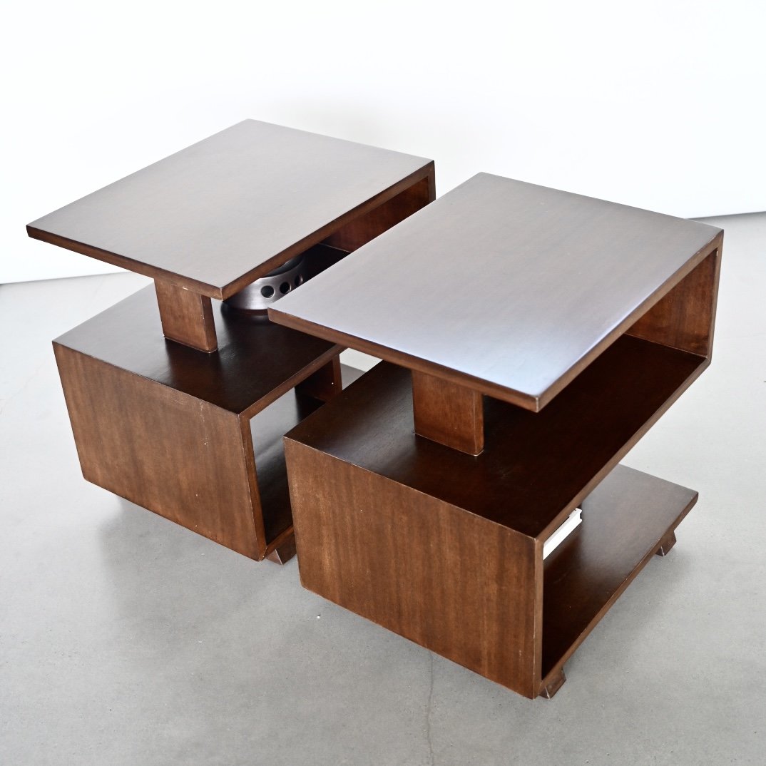 PAIR OF WALNUT THREE TIER END TABLES