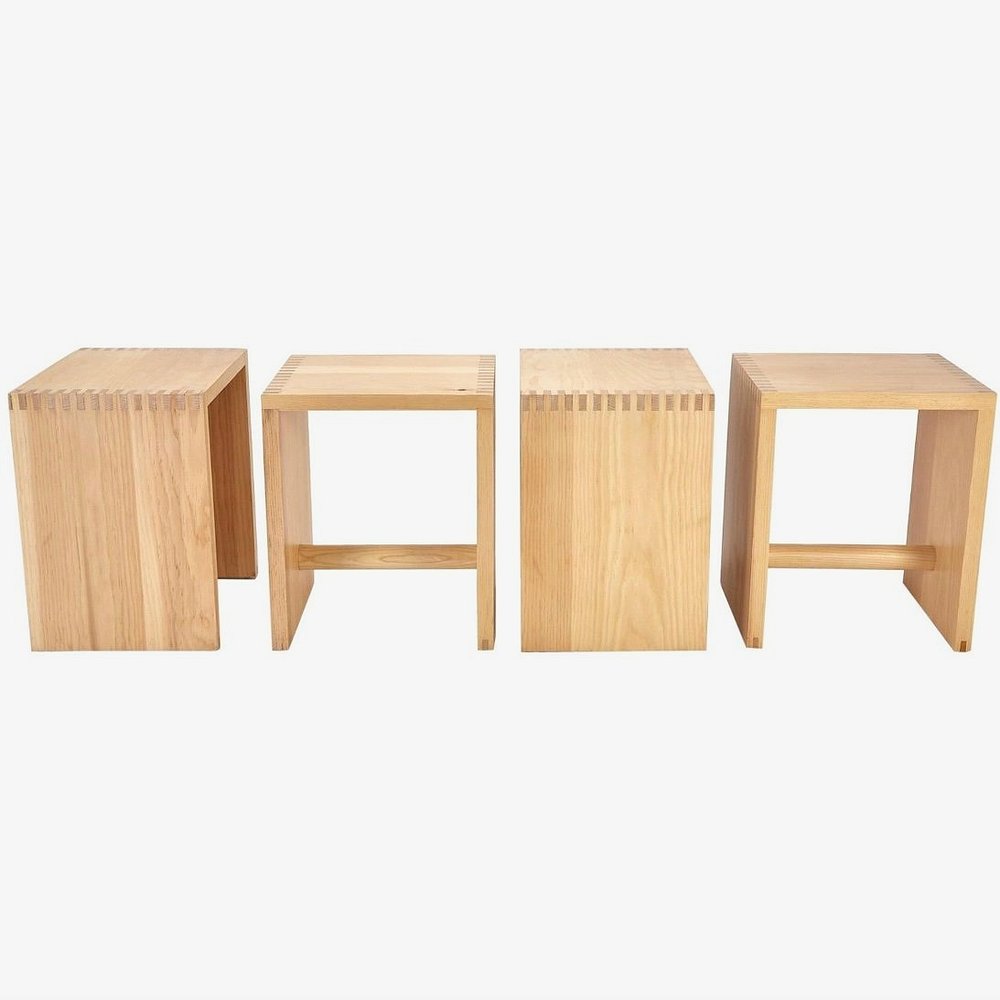 PAIR OF SOLID PINE RECTILINEAR SIDE TABLES / STOOLS