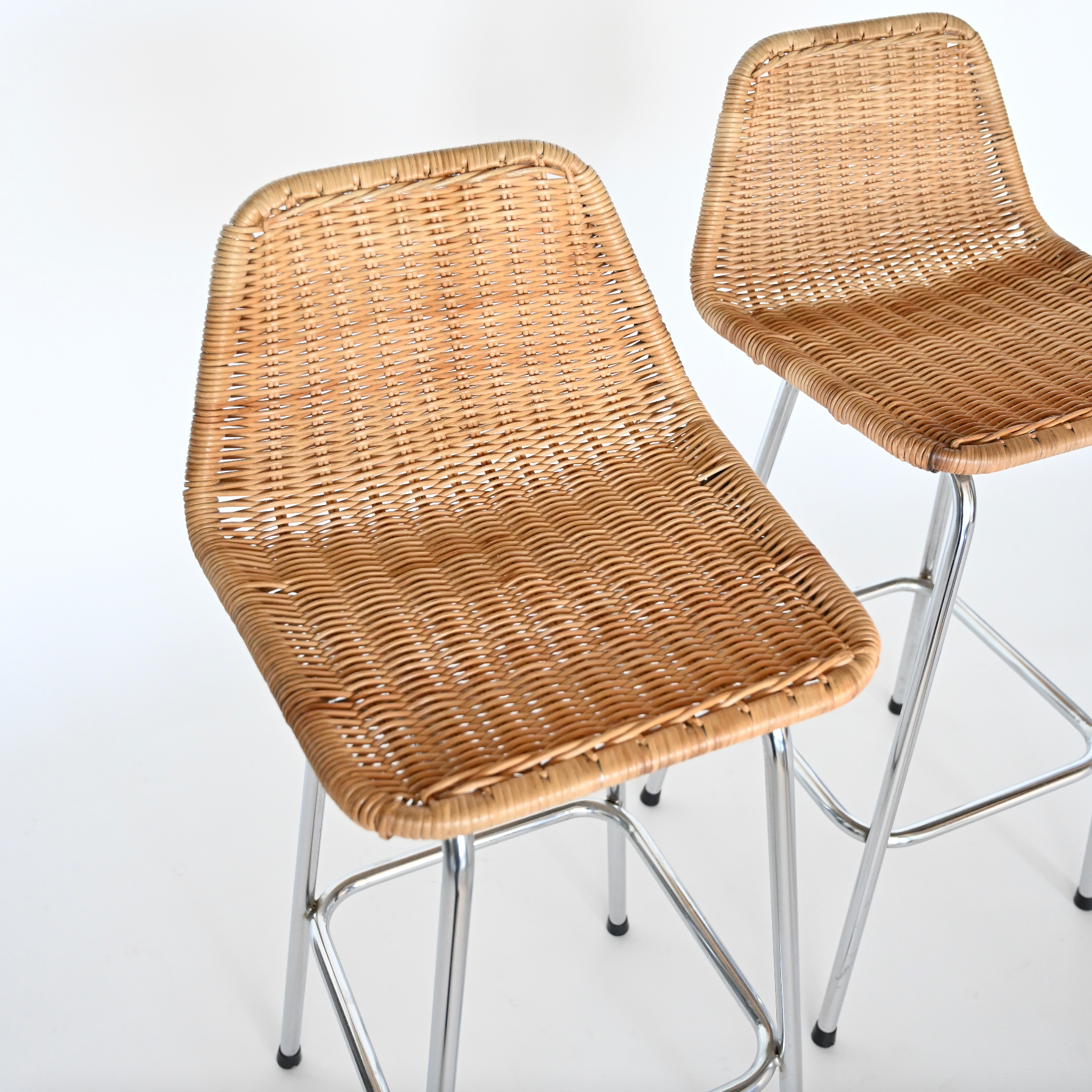 PAIR OF RATTAN AND CHROME COUNTER STOOLS BY DIRK VAN SLIEDRECHT