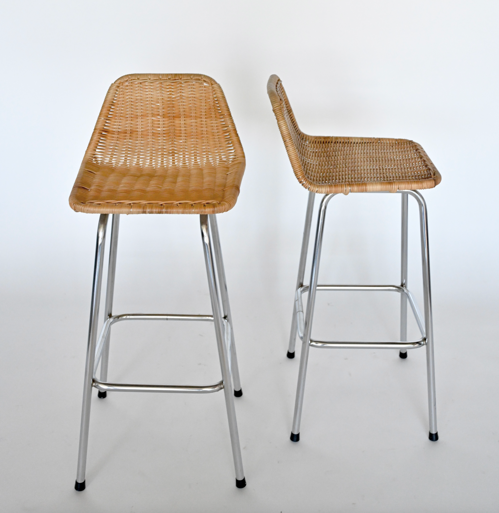 PAIR OF RATTAN AND CHROME COUNTER STOOLS BY DIRK VAN SLIEDRECHT