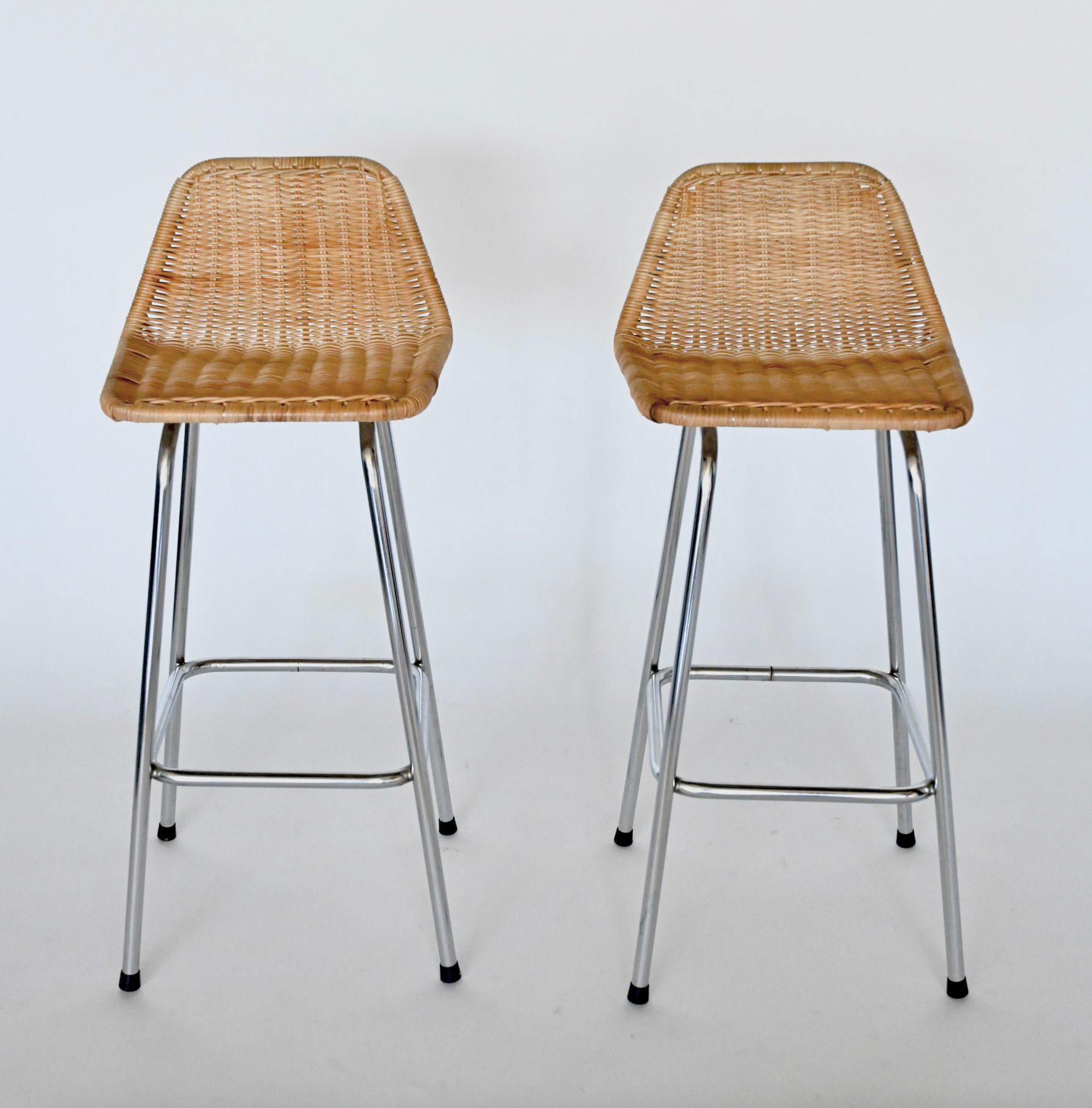 PAIR OF RATTAN AND CHROME COUNTER STOOLS BY DIRK VAN SLIEDRECHT