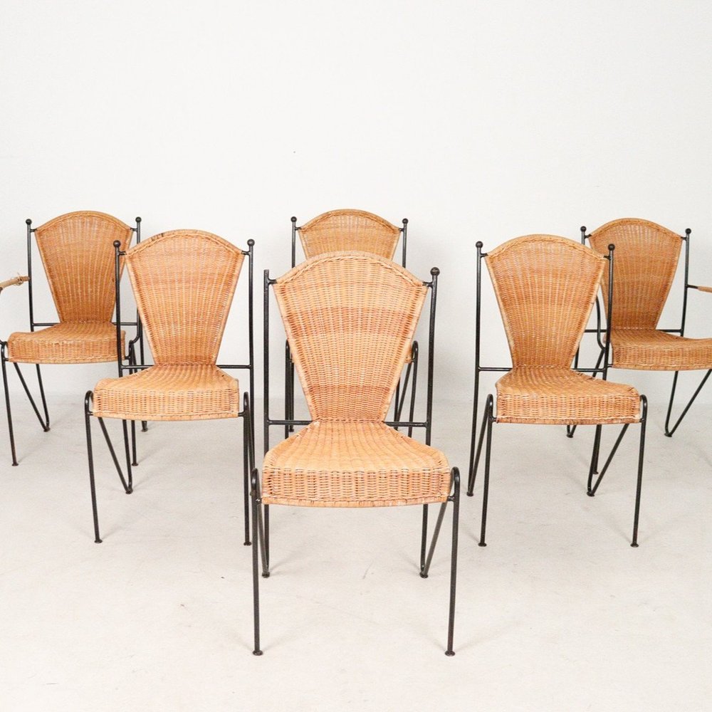 SET OF SIX FREDERIC WEINBERG WICKER AND WROUGHT IRON CHAIRS