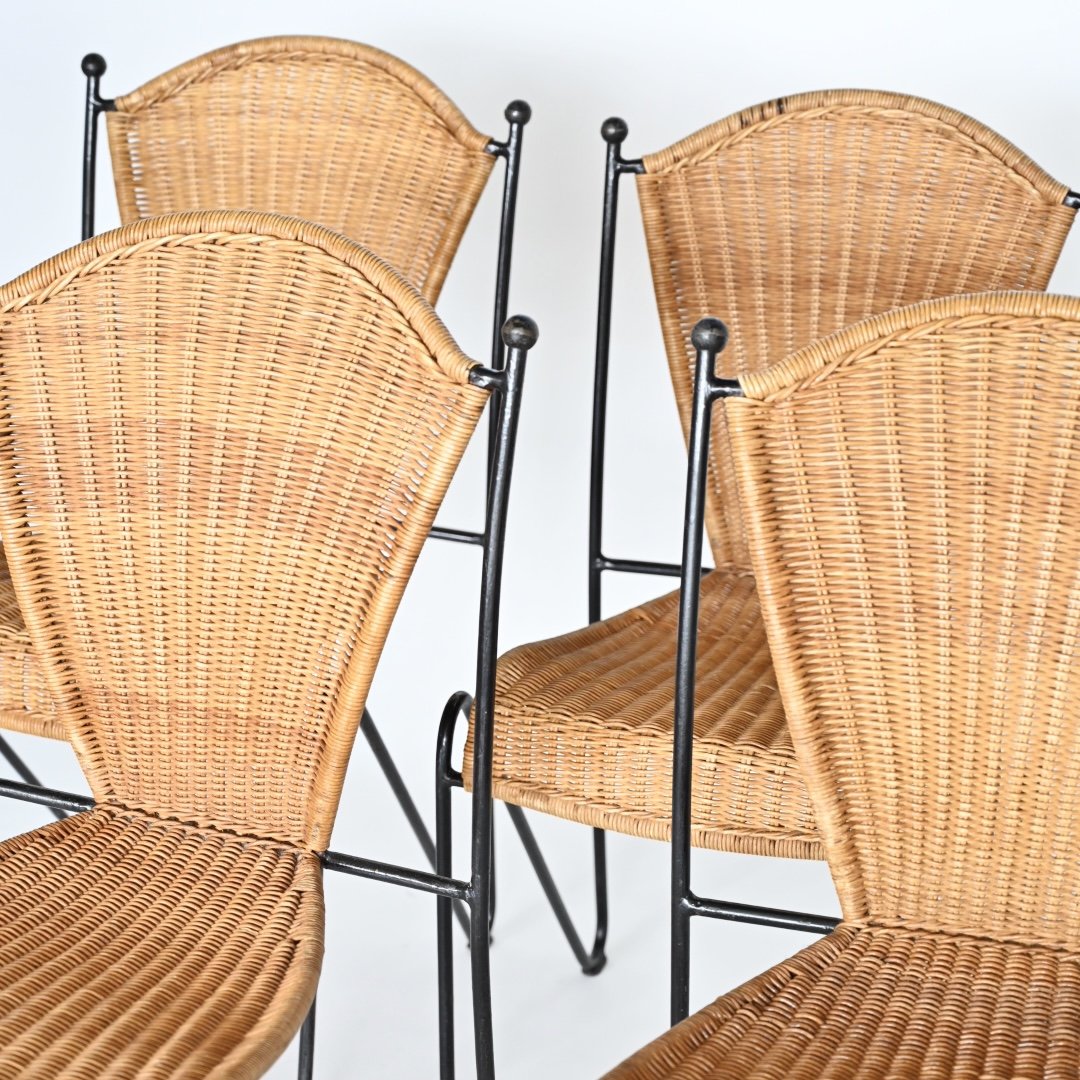 SET OF SIX FREDERIC WEINBERG WICKER AND WROUGHT IRON CHAIRS