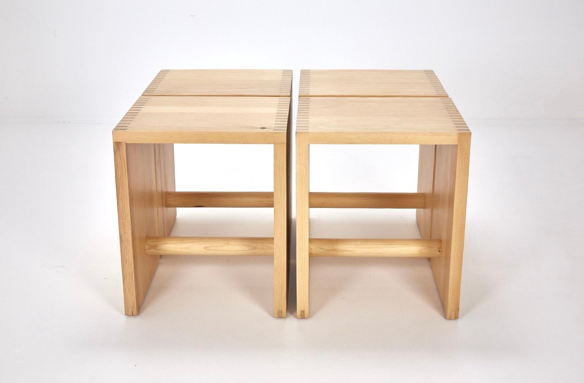 PAIR OF SOLID PINE RECTILINEAR SIDE TABLES / STOOLS
