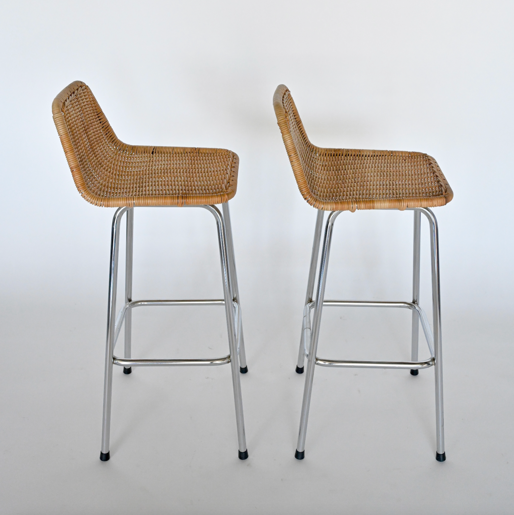 PAIR OF RATTAN AND CHROME COUNTER STOOLS BY DIRK VAN SLIEDRECHT